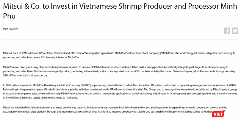 Mitsui&Co công bố thực hiện đầu tư vào MPC (Nguồn: mitsui.com) Mitsui&Co công bố thực hiện đầu tư vào MPC (Nguồn: mitsui.com)