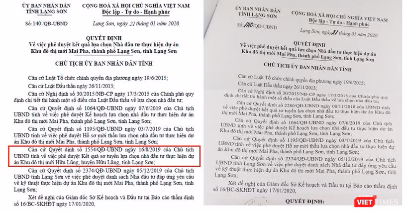 Quyết định số 140/QĐ-UBND ban hành ngày 21/1/2020 về việc phê duyệt kết quả lựa chọn nhà đầu tư thực hiện dự án Khu đô thị mới Mai Pha sau khi được điều chỉnh (bên phải) - Nguồn: VP UBND tỉnh Lạng Sơn Quyết định số 140/QĐ-UBND ban hành ngày 21/1/2020 về việc phê duyệt kết quả lựa chọn nhà đầu tư thực hiện dự án Khu đô thị mới Mai Pha sau khi được điều chỉnh (bên phải) - Nguồn: VP UBND tỉnh Lạng Sơn