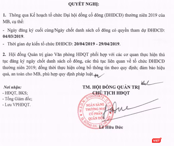 Nội dung nghị quyết của HĐQT Ngân hàng TMCP Quân Đội về kế hoạch tổ chức ĐHĐCĐ thường niên năm 2019 (Nguồn: HSX)