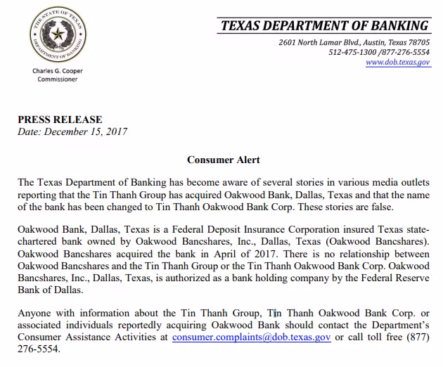 Cảnh báo của cơ quan quản lý lĩnh vực ngân hàng bang Texas, Mỹ có liên quan đến thông tin Tập đoàn Tín Thành thâu tóm ngân hàng Oakwood Bank