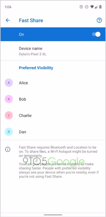 Tùy chọn “Preferred Visibility” giúp chia sẻ tập tin cho người quen dễ dàng hơn. Ảnh: 9to5Google