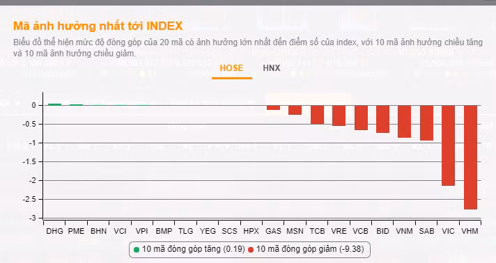 Các mã cổ phiếu đóng góp lớn vào đà giảm điểm của VN-Index (Nguồn: VNDirect)