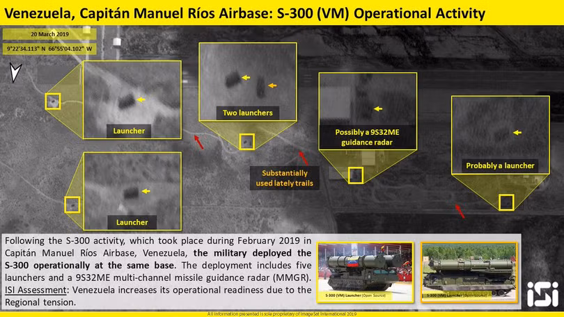 Phòng không Venezuela triển khai tổ hợp tên lửa S-300 với 5 dàn phóng và 1 xe điều khiển. Có thể các quân nhân Nga sẽ làm nhiệm vụ nâng cấp tổ hợp tên lửa này trong điều kiện sẵn sàng chiến đấu. Ảnh: ISI.
