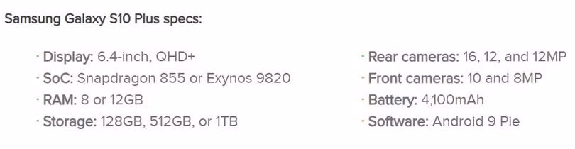 Thông số Samsung Galaxy S10 (Ảnh: Android Authority) Thông số Samsung Galaxy S10 (Ảnh: Android Authority)