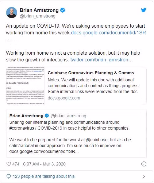 Bài đăng của ông Brian Armstrong trên Twitter (Nguồn: Twitter)