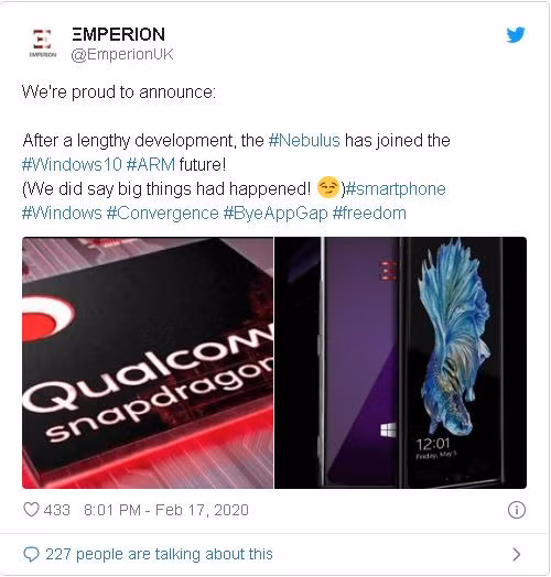 Thông báo về chiếc điện thoại sử dụng Windows 10 của Emperion (Nguồn: Twitter) Thông báo về chiếc điện thoại sử dụng Windows 10 của Emperion (Nguồn: Twitter)