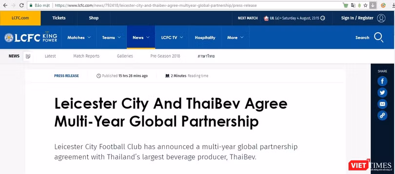 Thông cáo của Leicester City về thỏa thuận với ThaiBev Thông cáo của Leicester City về thỏa thuận với ThaiBev