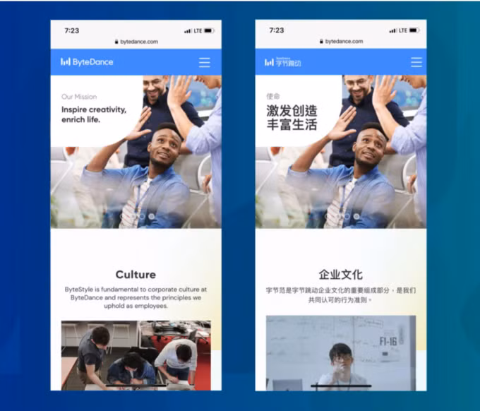 Thoạt nhìn giao diện Web của ByteDance phiên bản tiếng Anh và Tiếng Trung Quốc có nhiều điểm tương đồng, nhưng một số chi tiết cho thấy nhiều định hướng quan trọng. Ảnh: SCMP.