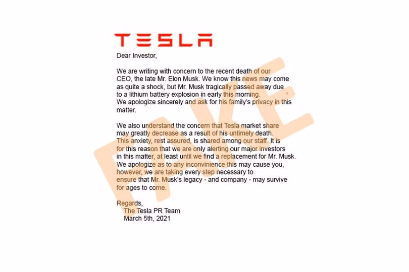 Thông báo của bộ phận PR cho thấy cái chết của Elon Musk ảnh hưởng đến cổ phiếu công ty. Tuy nhiên, đây chỉ là hình ảnh giả vì Tesla đã giải thể bộ phận PR vào năm 2020.