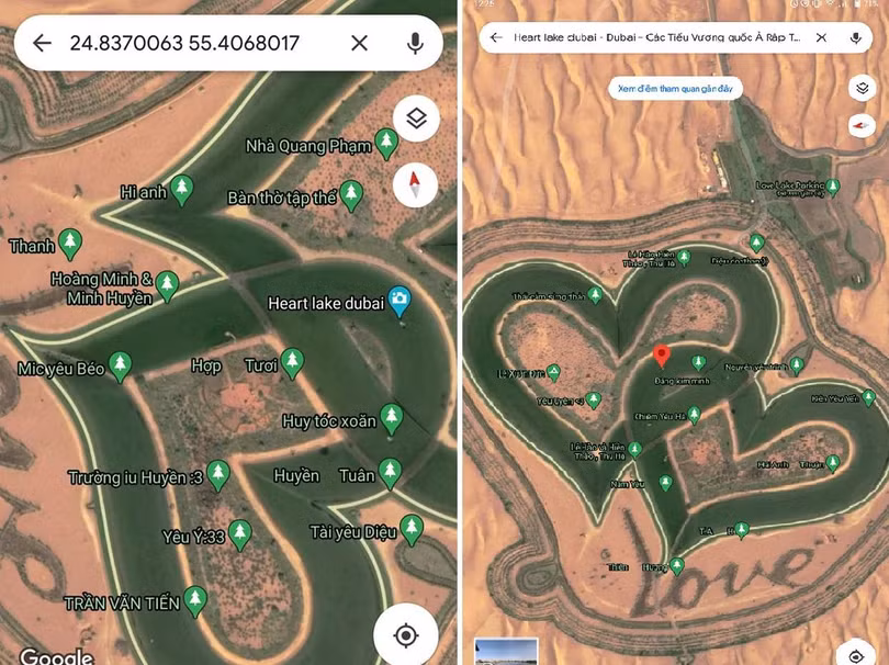 Những địa điểm ảo do người dùng Internet Việt Nam tạo ra xung quanh hồ Love Lake ở Dubai.