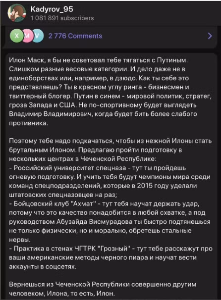 Kadyrov "mỉa mai" Elon