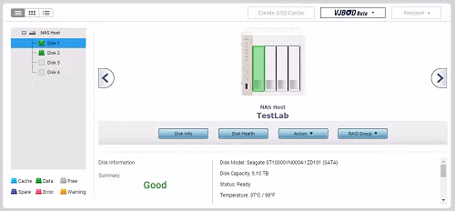 Thử nghiệm với hệ thống NAS QNAP TS-451 với hai ổ IronWolf cấu hình theo chuẩn RAID 1.