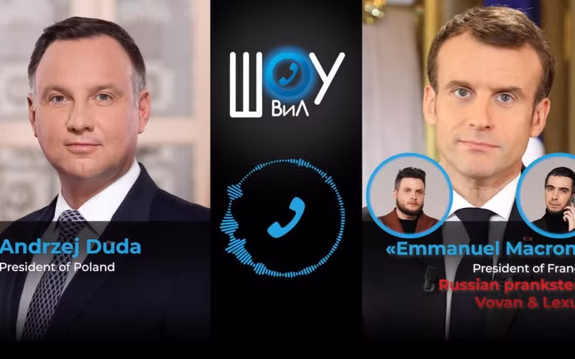 Tổng thống Ba Lan Duda (trái) đã bị hai blogger Nga giả mạo Tổng thống Pháp E. Macron chơi khăm (Ảnh: NFP).