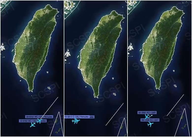 Bản đồ do Trung tâm SCSPI công bố cho thấy các máy bay Mỹ hoạt động ở bên trong Vùng nhận dạng phòng không Tây Nam Đài Loan (Ảnh: Đông Phương).