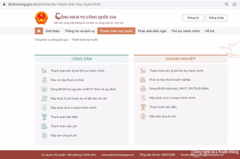 Các nhóm dịch vụ thanh toán trực tuyến đang được cung cấp trên Cổng Dịch vụ công quốc gia. Các nhóm dịch vụ thanh toán trực tuyến đang được cung cấp trên Cổng Dịch vụ công quốc gia.