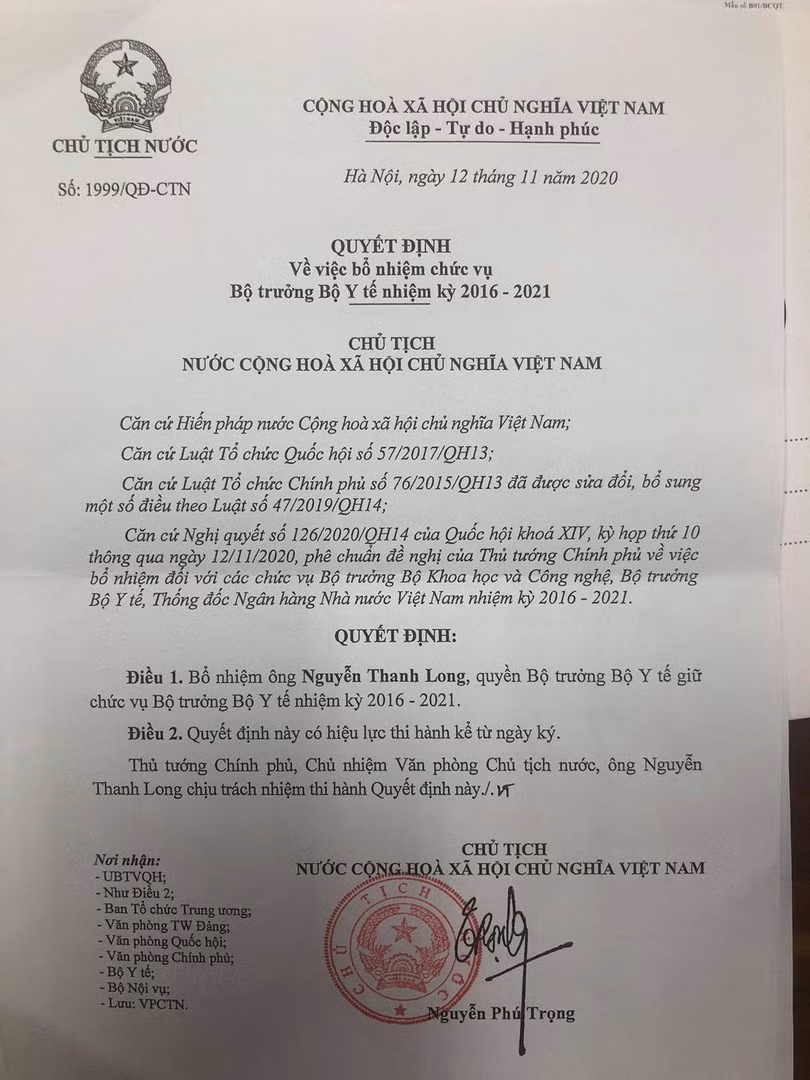 Quyết định của Chủ tịch nước về việc bổ nhiệm chức vụ Bộ trưởng Bộ Y tế cho GS.TS. Nguyễn Thanh Long Quyết định của Chủ tịch nước về việc bổ nhiệm chức vụ Bộ trưởng Bộ Y tế cho GS.TS. Nguyễn Thanh Long