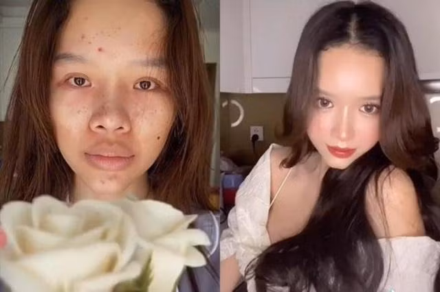 Bên trái là mặt mộc còn bên phải là sau khi make up nhé