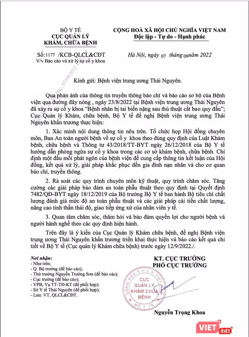 Công văn của Cục Quản lý Khám, chữa bệnh yêu cầu Bệnh viện Trung ương Thái Nguyên khẩn trương làm rõ vụ việc tai biến nặng sau thủ thuật cắt bao quy đầu Công văn của Cục Quản lý Khám, chữa bệnh yêu cầu Bệnh viện Trung ương Thái Nguyên khẩn trương làm rõ vụ việc tai biến nặng sau thủ thuật cắt bao quy đầu