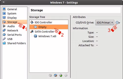Chọn file ISO của đĩa cài đặt trên trình tạo máy ảo VirtualBox. Chọn file ISO của đĩa cài đặt trên trình tạo máy ảo VirtualBox.