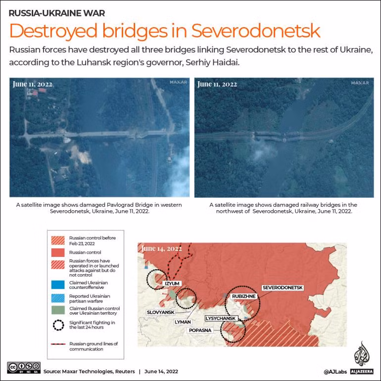 Ảnh vệ tinh cho thấy Nga đã đánh sập các cây cầu nối thành phố Severodonetsk với các khu vực do Ukraine kiểm soát. Ảnh vệ tinh cho thấy Nga đã đánh sập các cây cầu nối thành phố Severodonetsk với các khu vực do Ukraine kiểm soát.