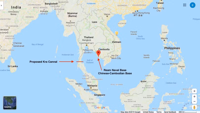 Căn cứ Ream án ngữ vị trí quan trọng trên tuyến vận tải biển trong tương lai khi kênh đào Kra hoàn thành.