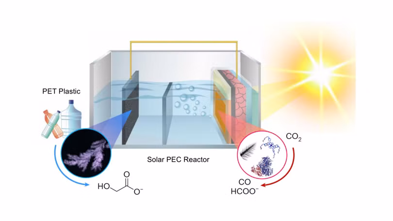 Sơ đồ lò phản ứng sử dụng năng lượng mặt trời, chuyển hóa CO2 và rác thải nhựa thành nguyên liệu giá trị cao. Ảnh Đại học Cambridge.