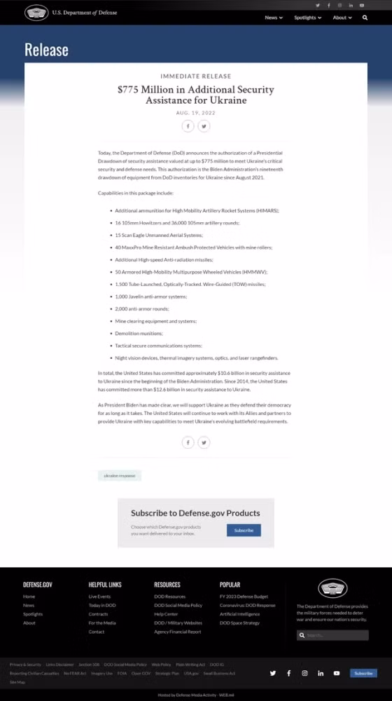 Danh mục các loại vũ khí viện trợ cho Ukraine lần này được đăng trên trang web BQP Mỹ.