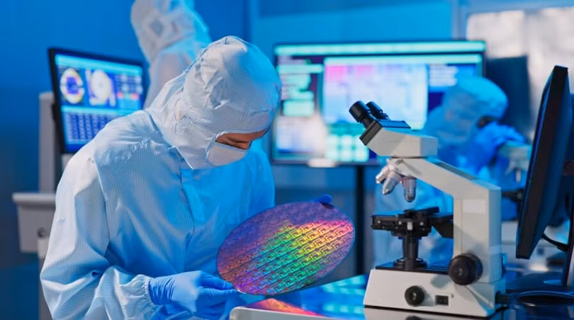 Các nhà khoa học nghiên cứu các tấm wafer chip silicon. Ảnh Shutterstock. 