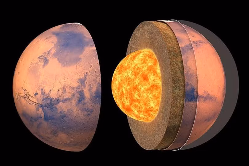 Sao Hỏa có lớp vỏ mỏng, lớp phủ và lõi dày. Ảnh: NASA
