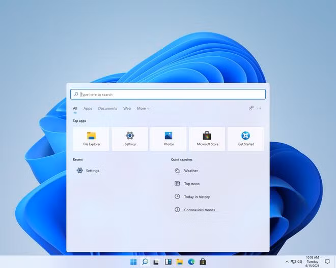 Giao diện mới trên Windows 11 với nút Start và các biểu tượng được đưa ra giữa thanh taskbar.