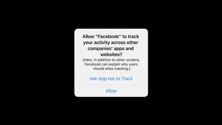 Một thông báo sẽ được hiển thị trên iPhone trước khi người dùng sử dụng một app theo dõi dữ liệu của họ. Hình ảnh được cung cấp bởi Apple.
