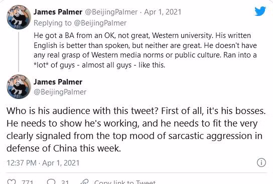 Bản tweet nhận xét về các nhà ngoại giao Trung Quốc của James Palmer Bản tweet nhận xét về các nhà ngoại giao Trung Quốc của James Palmer