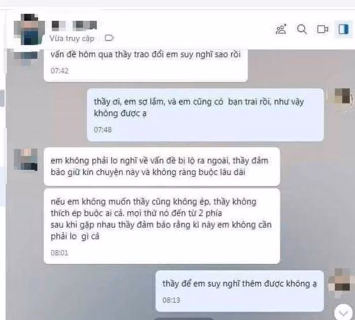 Một đoạn tin nhắn trong cuộc trò chuyện được cho là của giảng viên M và nữ sinh viên
