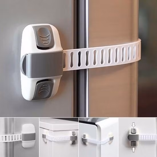 Một loại khóa phụ trợ đơn giản trên tủ lạnh để ngăn trẻ nghịch ngợm, ngoài ra còn các loại khóa có mã số phức tạp và đắt tiền hơn Một loại khóa phụ trợ đơn giản trên tủ lạnh để ngăn trẻ nghịch ngợm, ngoài ra còn các loại khóa có mã số phức tạp và đắt tiền hơn