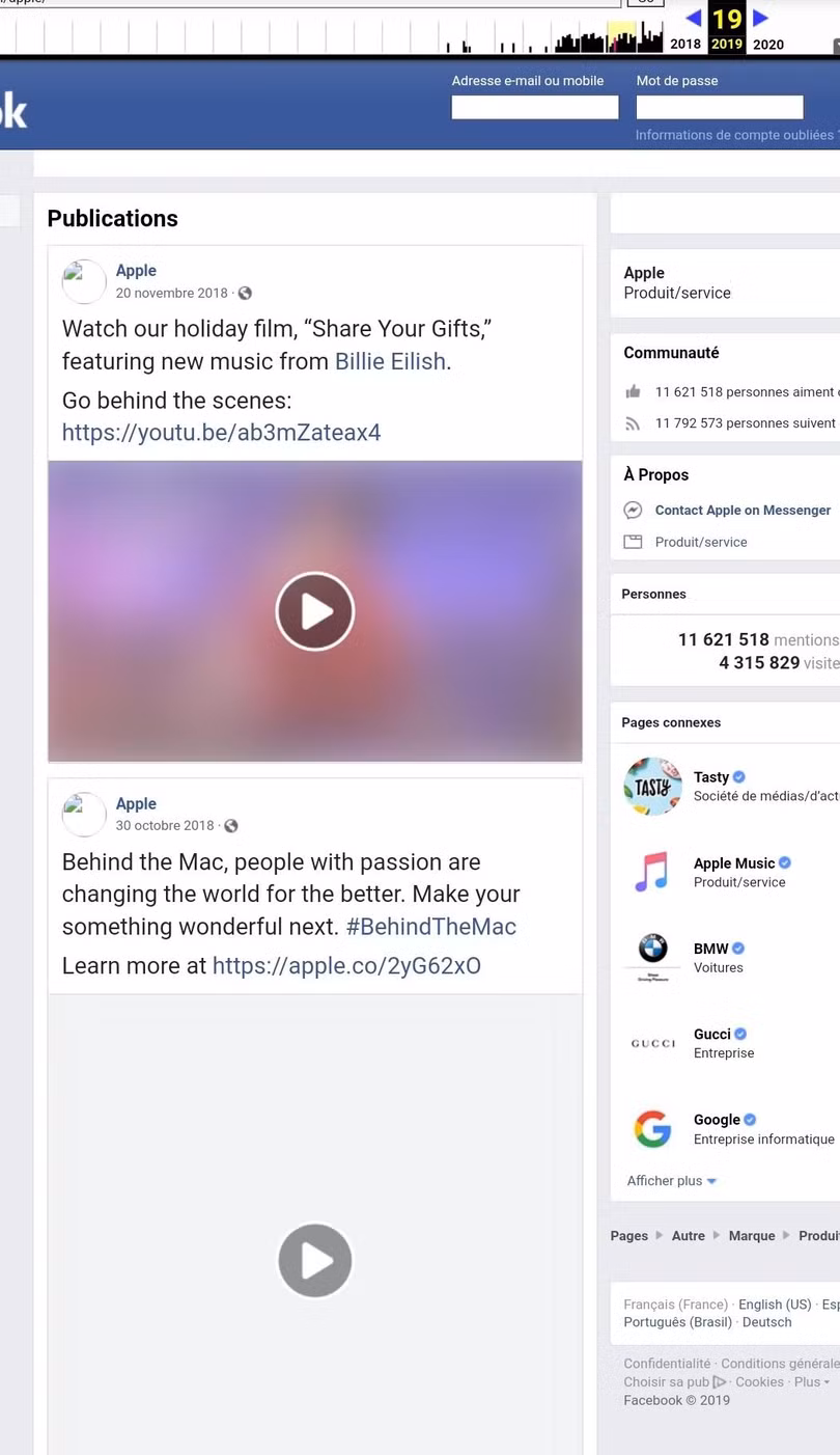Dùng dịch vụ xem lại web trong quá khứ, có thể thấy trang Apple trên Facebook vốn không có tick xác thực. Ảnh: XT. Dùng dịch vụ xem lại web trong quá khứ, có thể thấy trang Apple trên Facebook vốn không có tick xác thực. Ảnh: XT.