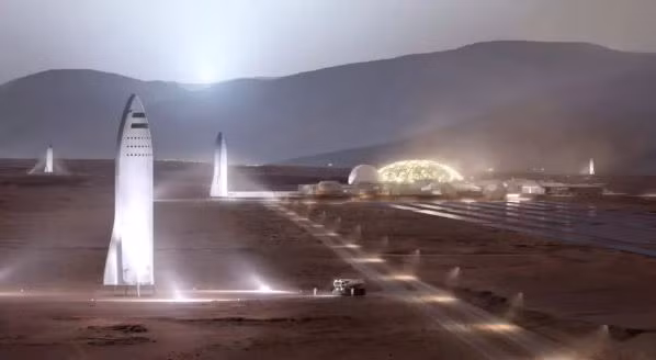 Hình minh họa về tàu Starship trên bề mặt sao Hỏa. (Cảnh này cho thấy những chiếc Starships được làm bằng vật liệu tổng hợp carbon; SpaceX đã quyết định chế tạo các phương tiện này từ thép không gỉ.) Hình minh họa về tàu Starship trên bề mặt sao Hỏa. (Cảnh này cho thấy những chiếc Starships được làm bằng vật liệu tổng hợp carbon; SpaceX đã quyết định chế tạo các phương tiện này từ thép không gỉ.)