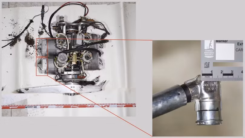 Vị trí của nắp bugi trên động cơ Mado MD-550 . Các nhà nghiên cứu CAR đã tìm thấy dấu hiệu của Mado trên nắp bugi. Ảnh CNN.