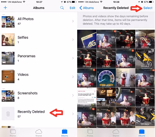 Xóa thư mục Recently Deleted để giải phóng dung lượng iPhone.