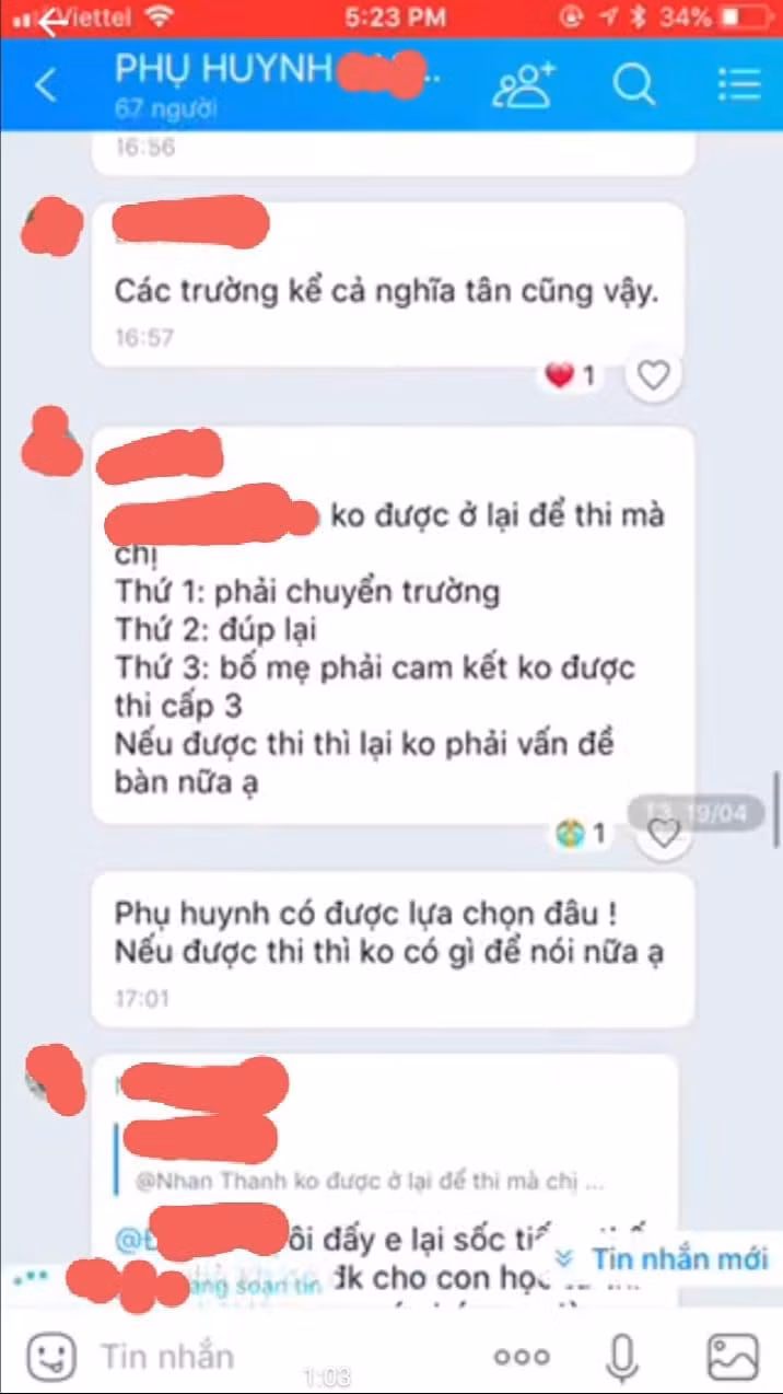 Một đoạn chat trong nhóm phụ huynh Hà Nội nêu rõ 3 cách "chặn đường" vào lớp 10 của học sinh Một đoạn chat trong nhóm phụ huynh Hà Nội nêu rõ 3 cách "chặn đường" vào lớp 10 của học sinh