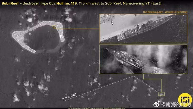 Tàu khu trục Type 052 Thanh Đảo (113) neo đậu tại đá Subi và hoạt động trên vùng biển lân cận (Ảnh: ISI). Tàu khu trục Type 052 Thanh Đảo (113) neo đậu tại đá Subi và hoạt động trên vùng biển lân cận (Ảnh: ISI).