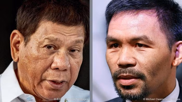 Với việc võ sĩ Manny Pacquiao tuyên bố ra tranh cử Tổng thống Philippines , mâu thuẫn giữa ông và ông Duterte đang nóng lên (Ảnh: Deutsche Welle).