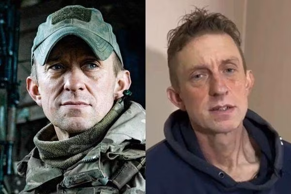 Shaun Pinner khi còn mặc áo lính Ukraine và sau khi bị bắt.