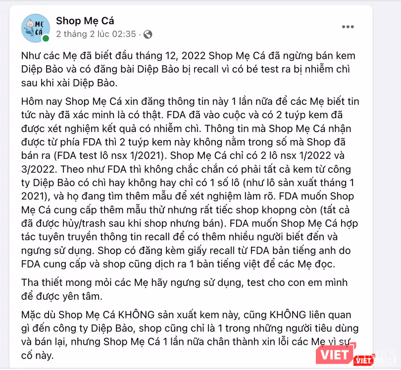 Shop Mẹ Cá thông tin về việc kem Diệp Bảo có chì