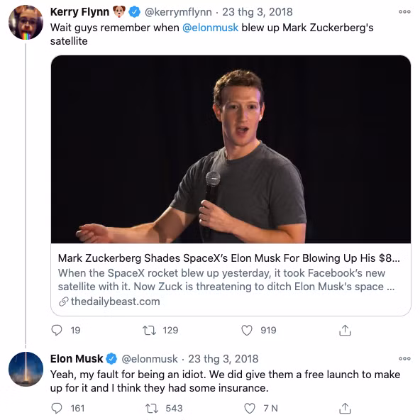 Musk nói mình là "kẻ ngốc" khi đã nhận lời phóng vệ tinh cho Facebook. Musk nói mình là "kẻ ngốc" khi đã nhận lời phóng vệ tinh cho Facebook.