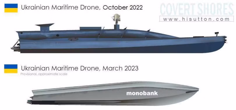USV mang bom của hải quân Ukraine, phiên bản năm 2022 và phiên bản mới năm 2023. Ảnh HI Sutton.