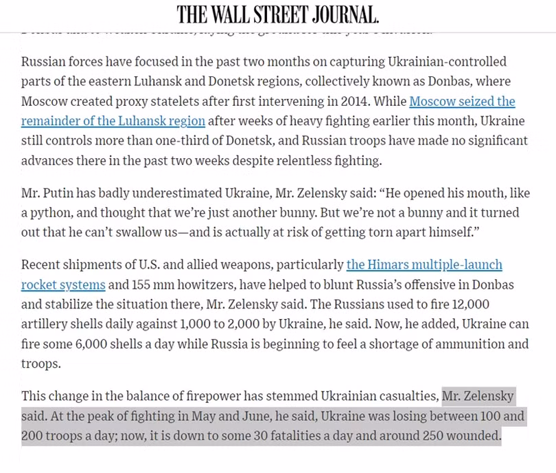 Bài viết của The Wall Street Journal dẫn lời ông Zelensky về thiệt hại của Quân đội Ukraine. Bài viết của The Wall Street Journal dẫn lời ông Zelensky về thiệt hại của Quân đội Ukraine.