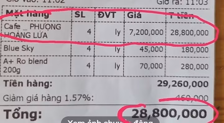Hóa đơn thanh toán cà phê "Phượng Hoàng Lửa" gây sốc Hóa đơn thanh toán cà phê "Phượng Hoàng Lửa" gây sốc