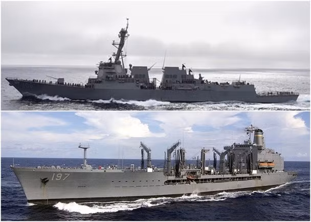 Hai tàu USS Stockdale, DDG-106 (trên) và USNS Pecos, T-AO-197 (dưới) đã đi xuyên eo biển Đài Loan hôm 28.11