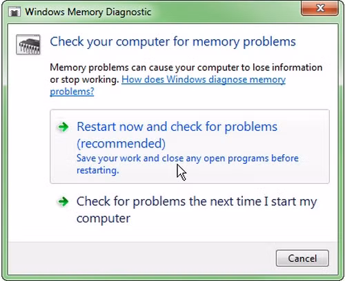 Hộp thoại Windows Memory Diagnostic. Hộp thoại Windows Memory Diagnostic.