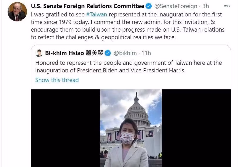Chủ tịch Ủy ban Đối ngoại Thượng viện Mỹ ca ngợi ông Joe Biden mời đại diện Đài Loan tới dự Lễ nhậm chức (Ảnh:6do.news).